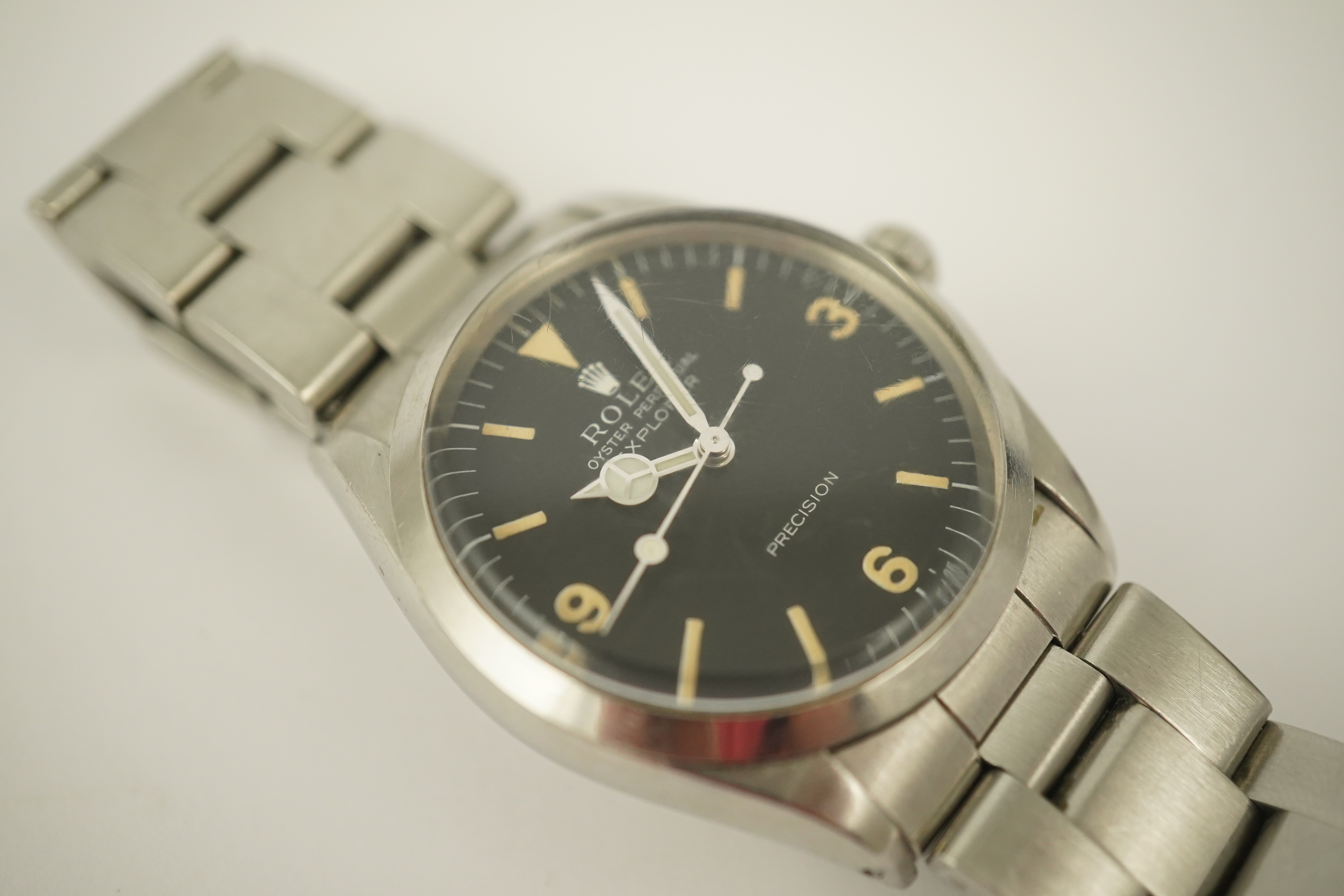 A gentleman's late 1960's Rolex Oyster Perpetual Explorer Precision wrist watch, on a stainless steel Rolex bracelet numbered 79350